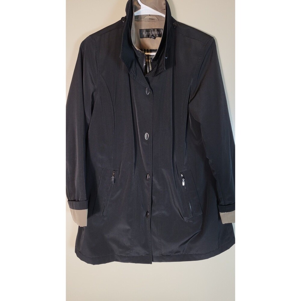Fleet Street Women PM Black Raincoat Removable Plaid Liner Petite Trench Jacket - Picture 4 of 10